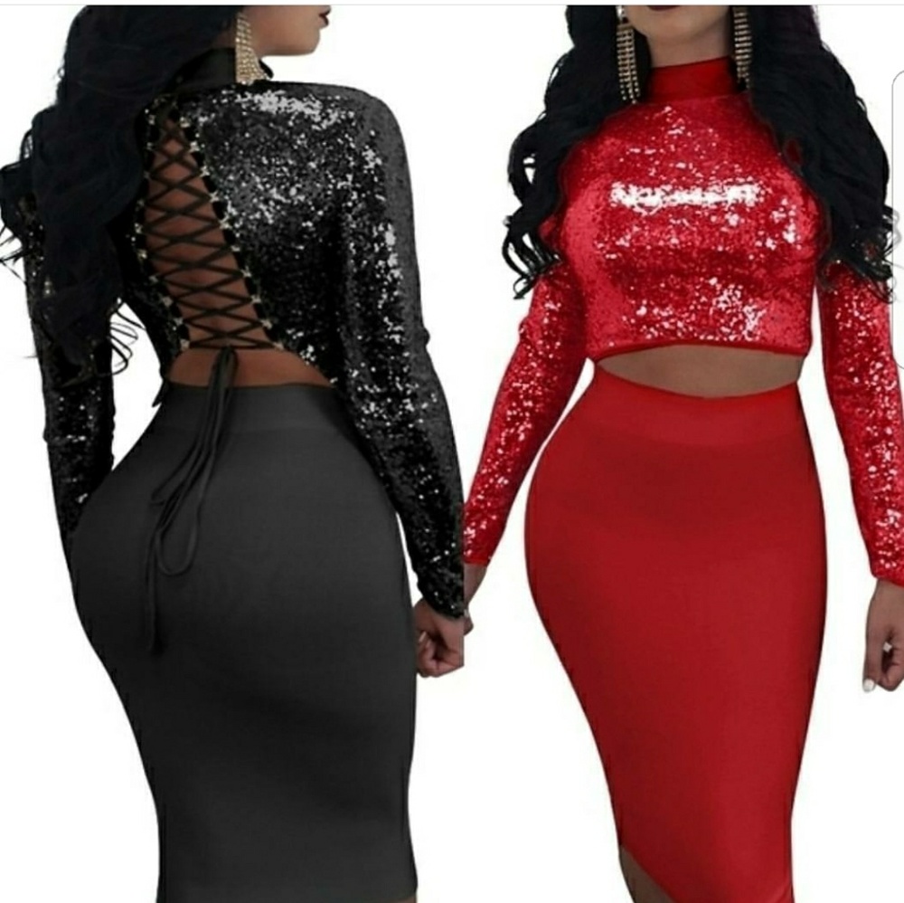 PIB Sequined Crop Top Skirt Set